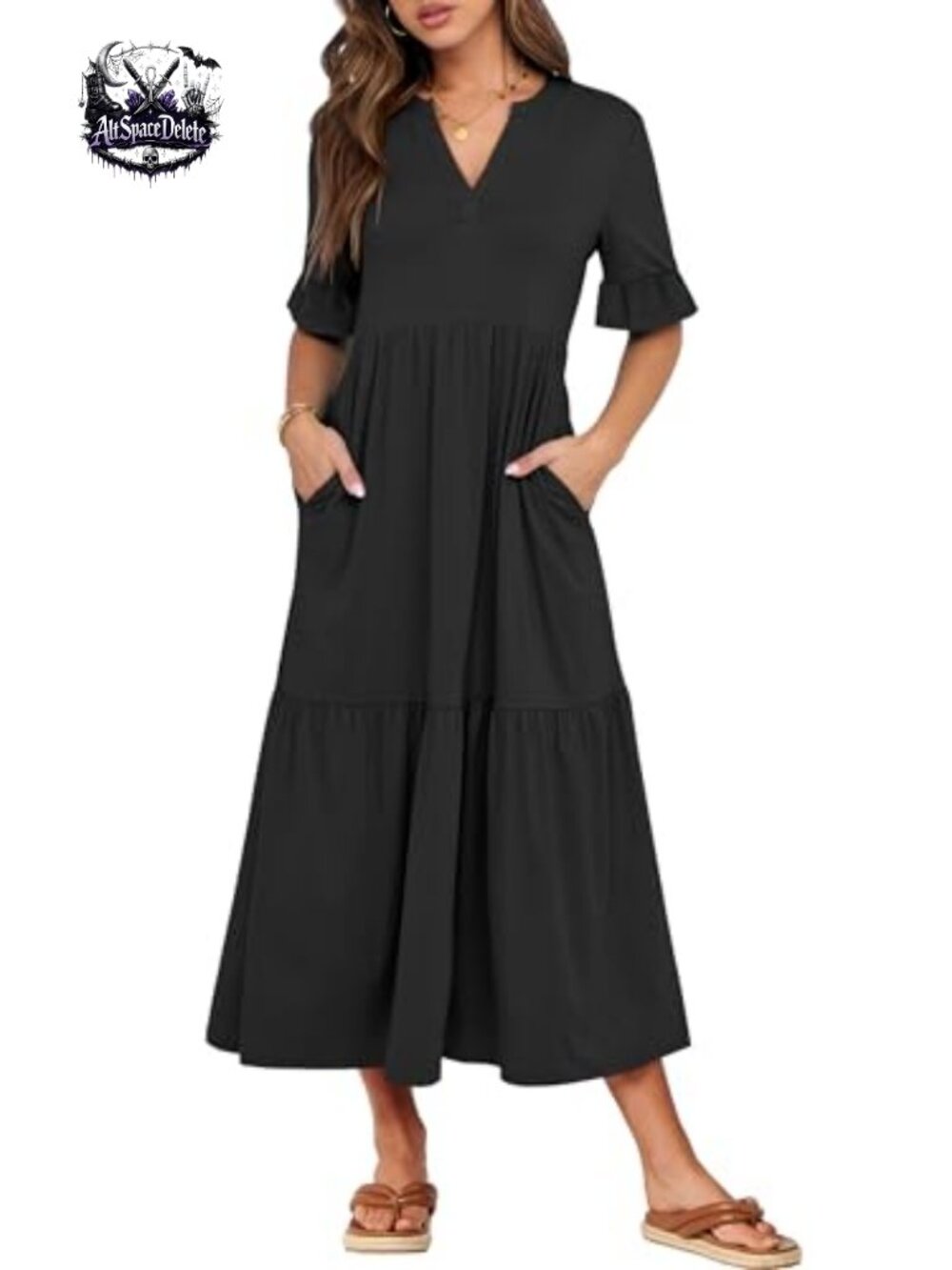 Womens Summer Casual Maxi Dress Ruffle Short Sleeve V-Neck Tiered Flowy